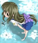  barefoot bent_over blush brown_eyes clannad green_hair ibuki_fuuko imaichi long_hair school_uniform 