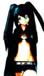  bangs belt bikini_top black_hair black_rock_shooter black_rock_shooter_(character) blue_eyes coat flat_chest glowing glowing_eyes hood hooded_jacket jacket long_hair midriff navel short_shorts shorts solo star takuya twintails uneven_twintails very_long_hair 