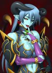  astaroth bang-you bare_shoulders black_sclera blue_skin breasts cleavage demon_girl earrings elbow_gloves gloves horns jewelry licking long_hair pointy_ears shinrabansho shinrabanshou succubus tail tongue wings 