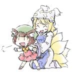  2girls animal_ears bad_id blonde_hair blush brown_hair cat_ears cat_tail chen chibi dress fangs fox_tail multiple_girls multiple_tails rif short_hair tail touhou yakumo_ran 