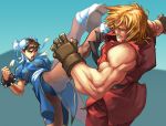  blonde_hair bracelet brown_hair bun_cover china_dress chinadress chinese_clothes chun-li closed_eyes double_bun double_buns fighting gloves jewelry ken_masters kick kicking male muscle pantyhose spiked_bracelet spikes street_fighter streetfighter 