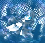  bangs bikini black_hair black_rock_shooter black_rock_shooter_(character) blue blue_eyes boots chain chains checkered coat cross flat_chest glowing glowing_eyes hood hooded_jacket jacket knee_boots long_hair looking_up maimu_(polka) midriff navel pale_skin ribbon ribbons short_pants side-tie_bikini solo star stars swimsuit twintails uneven_twintails very_long_hair 