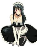  1girl black_hair blush breast_squeeze breasts choker cleavage elbow_gloves gloves long_hair maid original red_eyes solo thigh-highs thighhighs wittsu 