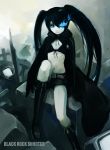  belt bikini_top black_hair black_rock_shooter black_rock_shooter_(character) blue_eyes boots coat cross flat_chest front-tie_top gloves glowing glowing_eyes hair_over_one_eye hironox hood hooded_jacket jacket knee_boots long_hair midriff navel pale_skin short_shorts shorts sitting solo star stare television twintails uneven_twintails very_long_hair zipper 