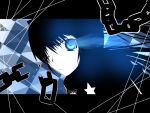  black_hair black_rock_shooter black_rock_shooter_(character) blue_eyes chain chains checkered cloak coat glowing glowing_eyes hair_over_one_eye hooded_jacket jacket kurosawa-san letterboxed pale_skin solo star twintails uneven_twintails 