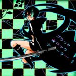  bangs belt bikini_top black_hair black_rock_shooter black_rock_shooter_(character) boots checkered cloak coat flat_chest front-tie_top gloves glowing glowing_eyes green_eyes hood hooded_jacket jacket katana knee_boots long_hair lowres mario_(gkmario) midriff short_shorts shorts solo star sword twintails uneven_twintails very_long_hair weapon zipper 