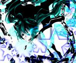  bikini_top black_eyes black_hair black_rock_shooter black_rock_shooter_(character) blue_eyes boots chain chains checkered coat debris flat_chest floating front-tie_top glowing glowing_eyes green_hair hatsune_miku hood hooded_jacket jacket knee_boots long_hair midriff pale_skin short_shorts shorts solo star tooya touya_(artist) twintails uneven_twintails very_long_hair vocaloid 