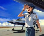  airport blue_eyes blue_hair bowieknife cloud clouds kyuushuu_j7w_shinden military salute short_hair sky uniform 