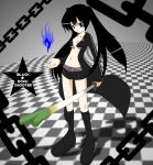 bad_id bangs belt bikini_top black_hair black_rock_shooter black_rock_shooter_(character) boots breasts chain chains checkered cleavage coat front-tie_top highres jacket katana knee_boots long_hair midriff mocchi navel purple_eyes short_shorts shorts solo spring_onion star stare sword themed_object twintails underboob uneven_twintails very_long_hair weapon 