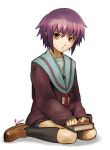  cardigan kneeling kometani_hisanobu nagato_yuki purple_hair school_uniform short_hair simple_background socks suzumiya_haruhi_no_yuuutsu yellow_eyes 