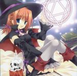 blue_eyes book braid candle cape detached_sleeves frills glyph hat highres red_hair ribbon ribbons sitting skull smile thigh-highs thighhighs wand witch witch_hat wnb_mark 