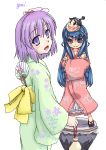  crossed_arms fan gomi_(gomitin) hinanawi_tenshi japanese_clothes keystone kimono long_hair looking_back nagae_iku paper_fan purple_hair ribbon ribbons shimenawa short_hair touhou uchiwa yukata 