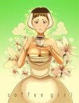  bowieknife breasts brown_eyes cleavage coffee coffee-tan cup dress flower food_themed_clothes multicolored_hair product_girl short_hair starbucks 