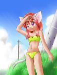  animal_ears bikini cat_ears cat_tail ebifly flat_chest grass nature purple_eyes red_hair redhead swimsuit tail violet_eyes 