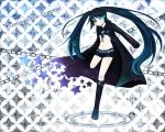  black_hair black_rock_shooter black_rock_shooter_(character) blue_eyes boots cape chain chains flat_chest long_hair midriff scar short_pants shorts solo twintails whitemoon 