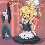  all_fours apron blonde_hair flandre_scarlet gloom_(expression) hat hat_removed headwear_removed hug hug_from_behind kirisame_marisa lowres nametake short_hair side_ponytail sitting torn_clothes touhou waist_apron wings wink witch_hat 