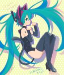  1girl animal_ears boots cat_ears cat_tail character_name green_eyes green_hair hatsune_miku high_heels highres leotard long_hair paw_pose ryuji_umeno shoes solo tail thigh-highs thigh_boots twintails very_long_hair vocaloid 