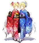  blonde_hair flower green_eyes hair_accessory hair_flower hair_ornament japanese_clothes kimono sandals siblings tsujisaki twins 