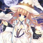  book breasts brown_hair crown dress hat highres long_hair magic midriff moon night night_sky purple_eyes sky star star_(sky) starry_sky stars violet_eyes witch_hat wnb_mark 