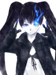  bikini_top black_hair black_rock_shooter black_rock_shooter_(character) blue_eyes caw=zoo cloak coat flat_chest front-tie_top gloves glowing glowing_eyes hood hooded_jacket jacket long_hair midriff pale_skin simple_background solo stare twintails uneven_twintails very_long_hair 