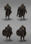  armor cape concept_art dimitri_neron full_armor full_body fur grey_background highres holding holding_shield knight original plate_armor robot science_fiction shield simple_background solo standing 