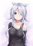  1girl alternate_costume arms_behind_back black_sweater blue_eyes braid grey_background hair_flaps hair_over_one_eye hair_tie highres kantai_collection kodama_(mmt_uf) looking_at_viewer mole mole_under_eye off-shoulder_sweater off_shoulder ribbed_sweater silver_hair simple_background single_braid smile solo sweater umikaze_(kantai_collection) 