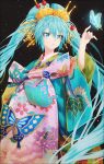  1girl alternate_hairstyle aqua_hair aqua_nails bangs beads black_background blue_butterfly blue_eyes blurry bug butterfly floral_print geisha glowing_butterfly hair_ornament hair_stick hakusai_(tiahszld) hand_up hatsune_miku highres insect long_hair looking_away looking_to_the_side nihongami obi parted_lips reaching sash sayagata seigaiha solo standing twintails very_long_hair vocaloid 