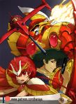  1boy 1girl black_eyes black_hair braid braided_ponytail cowboy_bebop fire grey_background gun handgun haraya_manawari magic_knight_rayearth mecha pistol rayearth_(character) red_eyes redhead robot shidou_hikaru spike_spiegel super_robot_wars super_robot_wars_t swordfish_ii weapon 