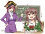  2girls animal_ears bangs bare_shoulders blush bone_hair_ornament braid brown_eyes brown_hair chalkboard desk dog_ears dog_girl eyepatch hair_ornament hat hololive houshou_marine inugami_korone long_hair low_twin_braids mizuryuu_kei multiple_girls open_mouth pencil pirate_hat red_eyes redhead school_desk school_uniform smile teacher translation_request twin_braids twintails virtual_youtuber yellow_eyes 