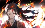  1boy black_hair black_kimono blurry blurry_background closed_mouth collarbone earrings fire floating_hair hair_intakes japanese_clothes jewelry jun_(30409972) kimetsu_no_yaiba kimono long_hair male_focus red_eyes solo tsugikuni_yoriichi upper_body 