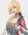  1girl blonde_hair blush breasts commentary drink fang grey_background hair_between_eyes jack-o&#039;-lantern_print jacket long_hair looking_at_viewer medium_breasts nijisanji nui_sociere open_clothes open_jacket open_mouth ponytail red_jacket scrunchie shirt simple_background smile solo t-shirt upper_body virtual_youtuber white_shirt yellow_eyes ziu 