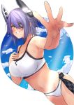  1girl absurdres bangs bikini blush breasts checkered clouds eyepatch grin hand_on_own_chest highres kantai_collection large_breasts make_maketan purple_hair sky smile solo swimsuit tenryuu_(kantai_collection) white_bikini yellow_eyes 