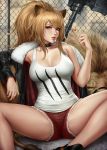  1girl animal_ears arknights artist_name bangs black_choker black_jacket blonde_hair breasts brown_hair candy chain-link_fence choker collarbone cutoffs fence food fur-trimmed_jacket fur_trim highres holding_lollipop jacket large_breasts lion lion_ears lion_girl lion_tail lips lollipop long_hair looking_at_viewer ponytail red_shorts sciamano240 shirt short_shorts shorts siege_(arknights) sitting solo spread_legs studded_choker tail tank_top war_hammer weapon white_shirt white_tank_top 