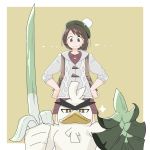  1girl absurdres backpack bag bird brown_background brown_eyes brown_hair can_(pixiv33249519) closed_mouth commentary_request creature doyagao flat_chest frown gen_8_pokemon green_headwear hands_on_hips highres holding holding_sword holding_weapon looking_at_another pokemon pokemon_(creature) pokemon_(game) pokemon_swsh shield short_hair simple_background sirfetch&#039;d standing sword weapon yuuri_(pokemon) 