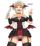  1girl alternate_costume artist_name ass_visible_through_thighs bangs bat_wings blonde_hair blunt_bangs boku_no_hero_academia dress frilled_dress frills knife looking_at_viewer open_mouth panties short_dress short_twintails smile solo storm_zero thigh-highs toga_himiko twintails underwear vampire_costume white_panties wings yellow_eyes 