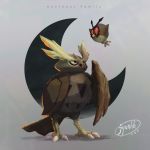  bird bird_focus brown_eyes claws commentary_request creature english_text eye_contact flying full_body gen_2_pokemon grey_background highres hoothoot looking_at_another no_humans noctowl owl pokemon pokemon_(creature) red_eyes shadow simple_background standing 