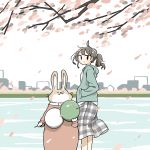  1girl animal brown_hair cherry_blossoms clothed_animal dango east_sha2 food from_side highres holding holding_food hood hoodie original outdoors plaid plaid_skirt ponytail rabbit skirt skyline solo sweater wagashi water 