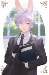  1boy animal_ears black_gloves book formal gloves grey_eyes heiwa_(murasiho) highres holding holding_book looking_at_viewer male_focus open_mouth original rabbit_ears silver_hair solo suit window 
