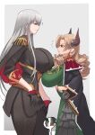  2girls ? bangs blonde_hair border box breasts draph dress drill_hair earrings epaulettes eyebrows_visible_through_hair from_side gloves granblue_fantasy green_dress grey_background half_gloves height_difference highres horns huge_breasts jewelry long_hair looking_down maria_theresa_(granblue_fantasy) military military_uniform multiple_girls orange_eyes pointy_ears quad_drills red_eyes robe selvaria_bles senjou_no_valkyria silver_hair sleeves_folded_up standing standing_on_box stormcow uniform white_border 