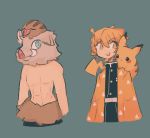  2boys :d agatsuma_zenitsu blonde_hair blue_eyes brown_eyes charamells commentary english_commentary gen_1_pokemon gen_2_pokemon grey_background hashibira_inosuke highres kimetsu_no_yaiba looking_at_another looking_at_viewer male_focus multiple_boys muscle on_head on_shoulder open_mouth pikachu pokemon pokemon_(creature) pokemon_on_head pokemon_on_shoulder shirtless simple_background smile swinub upper_body 