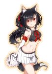  1girl animal_ear_fluff animal_ears arms_behind_back azur_lane bangs bare_legs bare_shoulders black_hair black_shirt blush breasts cheerleader commentary_request cowboy_shot crop_top elbow_gloves eyebrows_visible_through_hair fang fang_out gloves groin hair_between_eyes hair_ribbon hestia_(neko_itachi) holding_pom_poms long_hair looking_at_viewer medium_breasts midriff multicolored_hair navel neck_ribbon outline pleated_skirt pom_poms ponytail red_eyes red_ribbon ribbon sailor_collar shigure_(azur_lane) shirt simple_background skirt smile solo standing tail taut_clothes taut_shirt two-tone_hair white_background white_gloves white_hair white_sailor_collar white_skirt wolf_ears wolf_girl wolf_tail 