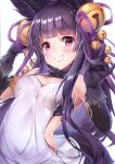  1girl absurdres animal_ears bangs bare_shoulders bell black_gloves blush breasts dress elbow_gloves erune eyebrows_visible_through_hair fur_trim gloves granblue_fantasy hair_ornament highres jingle_bell lips long_hair looking_at_viewer medium_breasts parted_lips purple_hair scan shiny shiny_hair short_dress simple_background solo topia upper_body violet_eyes yuel_(granblue_fantasy) 