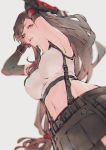  1girl arm_guards armpits arms_up black_bra black_gloves black_hair black_skirt blurry bra breasts commentary covered_nipples cowboy_shot crop_top depth_of_field elbow_gloves eyelashes final_fantasy final_fantasy_vii final_fantasy_vii_remake from_below gloves highres kazama_raita large_breasts lips long_hair looking_at_viewer looking_down low-tied_long_hair midriff navel parted_lips red_eyes simple_background skirt sleeveless smile solo sports_bra suspender_skirt suspenders tank_top tifa_lockhart underwear white_background white_tank_top 