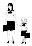  2girls arm_at_side bag bangs blouse bow closed_mouth eyebrows_visible_through_hair full_body girls_und_panzer greyscale hair_between_eyes height_difference highres holding holding_bag holding_hands katyusha_(girls_und_panzer) light_smile long_hair monochrome multiple_girls nonna_(girls_und_panzer) onsen_tamago_(hs_egg) parted_bangs pleated_skirt sailor_collar school_bag school_briefcase school_uniform serafuku shirt shoes short_hair short_sleeves simple_background skirt socks standing white_background 
