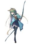  1girl absurdres ahoge animal_ears atalanta_(fate) bangs blonde_hair blush bow_(weapon) braid breasts cat_ears cat_tail collarbone dabingdan eyebrows_visible_through_hair fate/apocrypha fate/grand_order fate_(series) full_body gloves gradient_hair green_eyes green_hair hair_between_eyes highres holding holding_bow_(weapon) holding_weapon long_hair looking_at_viewer multicolored_hair open_mouth simple_background small_breasts solo tail thigh-highs two-tone_hair very_long_hair weapon white_background 