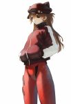  1girl blue_eyes blush bodysuit brown_hair closed_mouth eyepatch hands_in_pockets hat highres jacket long_hair long_sleeves neon_genesis_evangelion one_eye_covered pilot_suit plugsuit red_headwear red_jacket simple_background solo souryuu_asuka_langley wasabi60 white_background 
