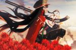  1girl black_hair black_headwear black_pants blurry cape chain clouds cloudy_sky commentary cowboy_shot day depth_of_field fate/grand_order fate_(series) flower from_side gloves gun hair_between_eyes hat highres katana long_hair looking_at_viewer military military_hat military_uniform oda_nobunaga_(fate) oda_nobunaga_(fate)_(all) open_mouth outdoors over_shoulder pants peaked_cap profile red_cape red_eyes rifle sitting sky smoke solo sword uniform weapon weapon_over_shoulder white_gloves wings ziu 