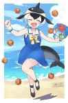 1girl bag bare_shoulders black_bow black_footwear black_hair blonde_hair blue_dress blue_hair blush bow bowtie closed_eyes collarbone commentary_request common_dolphin_(kemono_friends) dolphin_tail dorsal_fin dragon_ball_(object) dress eyebrows_visible_through_hair fanta_(the_banana_pistols) frilled_dress frills full_body handbag highres japari_symbol kemono_friends light_blue_hair multicolored_hair open_mouth sailor_collar sailor_dress shoe_bow shoes short_hair signature sleeveless sleeveless_dress solo tail wallet white_frills wristband yellow_neckwear