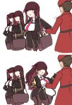  1boy 3girls bag bangs belt beret black_legwear blunt_bangs breasts clone closed_eyes collared_shirt commander_(girls_frontline) girls_frontline hair_ribbon hat highres large_breasts long_hair long_sleeves looking_at_another military military_uniform multiple_girls necktie pantyhose purple_hair ribbon ro_(aahnn) shirt simple_background uniform wa2000_(girls_frontline) white_background 