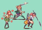  3girls atlanta_(kantai_collection) bangs belt black_legwear blonde_hair breasts brown_hair closed_mouth de_ruyter_(kantai_collection) garrison_cap green_background green_legwear green_vest hat headgear heart holding holding_weapon kantai_collection kneehighs long_hair long_sleeves lowres multiple_girls oh_bako one_eye_closed open_mouth perth_(kantai_collection) pixel_art plaid plaid_skirt redhead sailor_collar sheath shirt short_sleeves simple_background skirt sparkle thigh-highs twintails vest weapon 